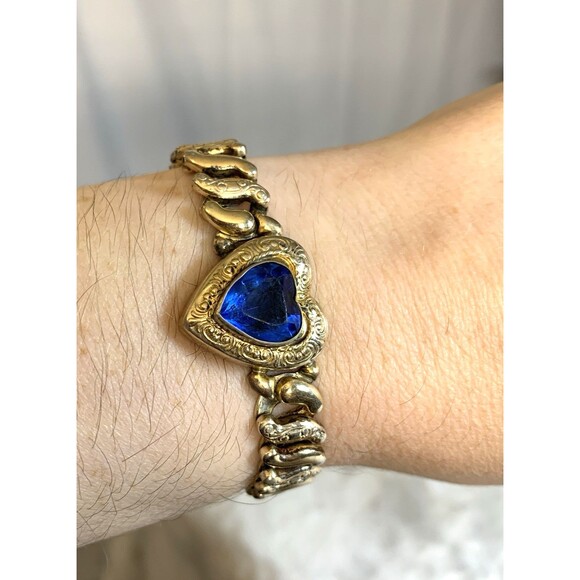 Vintage Co-Star Sweetheart Expansion Bracelet Gold Tone Blue Glass Heart 1940s - Picture 11 of 15